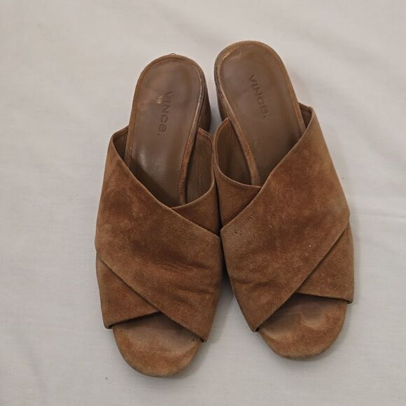 Vince Karsen Suede Sandals Cedar Block Heel Criss Cross Straps Size 8 - Picture 2 of 8